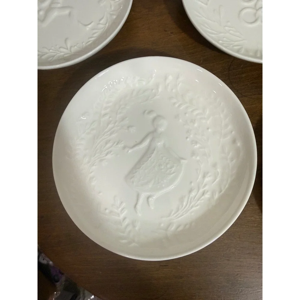 West Elm 12‎ Days of Christmas White Ceramic Dessert Appetizer Plates Embossed